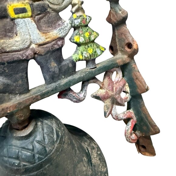 Vintage Rustic Cast Iron Santa & Bell w/Tree Hangs on Wall Worn Rustic Outdoor - Picture 3 of 9